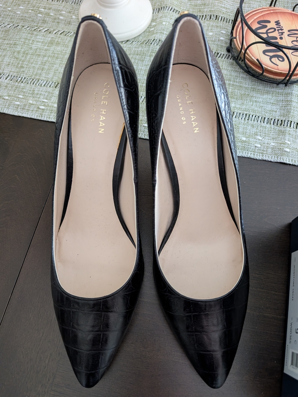 Cole Haan Black Croc-Embossed Pointed Toe Heels